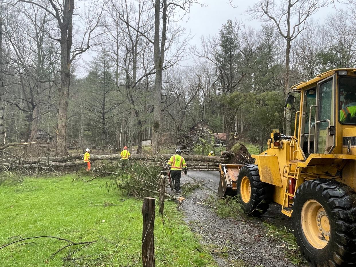 Park crews clear trees and debris on Cades Cove Loop Road, which remains closed March 27 after a recent high wind event.