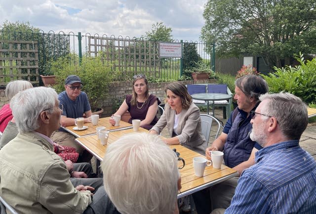 Labour’s shadow pensions secretary Liz Kendall speaking to pensioners in Thurrock, Essex