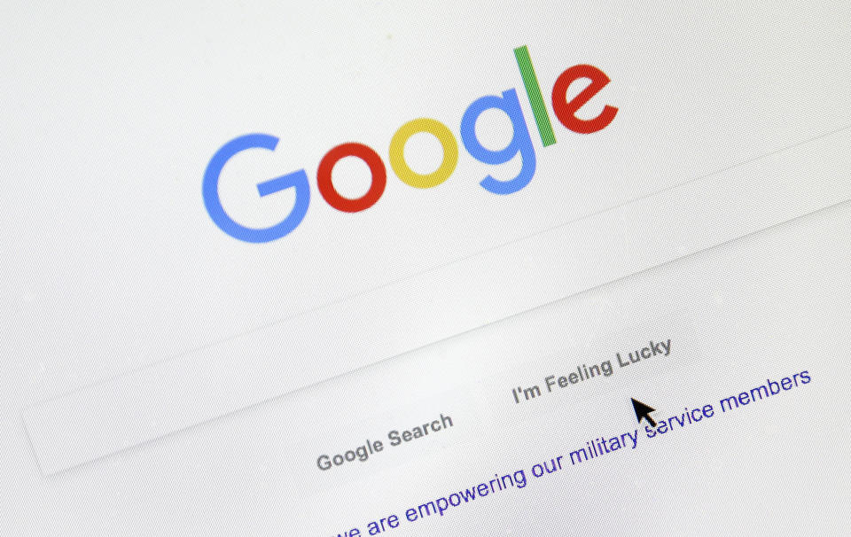 FILE - A cursor moves over Google's search engine page on Aug. 28, 2018, in Portland, Ore. Brazil’s Justice Ministry on Tuesday, May 2, 2023, ordered Google to stop conducting what it called a propaganda campaign against Brazilian legislation aimed at curbing misinformation, or face about $200,000 per hour in fines. (AP Photo/Don Ryan, File)