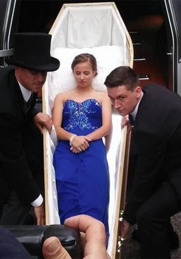 Megan Flaherty arrived to prom in a coffin. Photo: Twitter