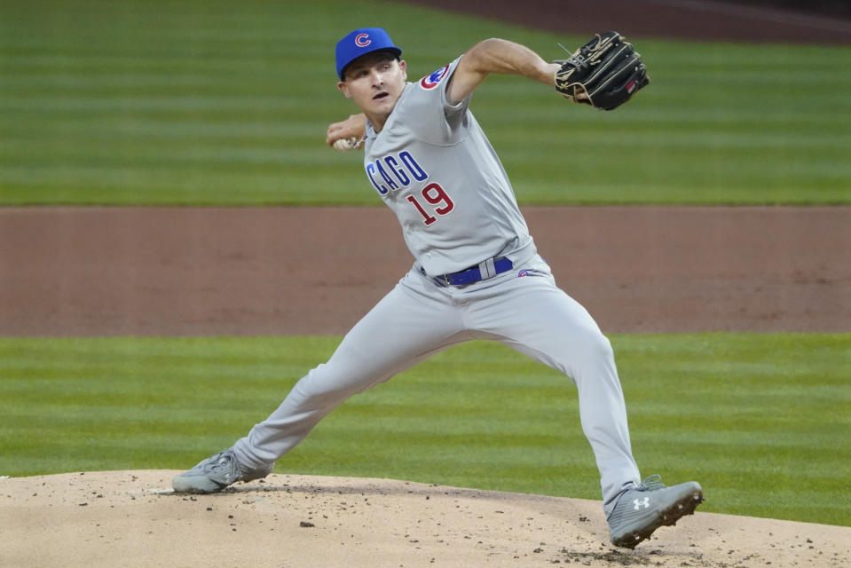 Chicago Cubs starting pitcher Hayden Wesneski delivers to a Pittsburgh Pirates batter during the first inning of a baseball game Thursday, Sept. 22, 2022, in Pittsburgh. (AP Photo/Keith Srakocic)