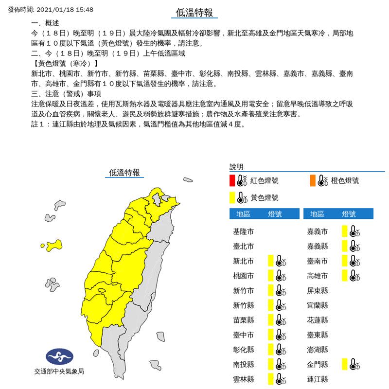 全台14地低溫特報。（圖／翻攝自氣象局官網）