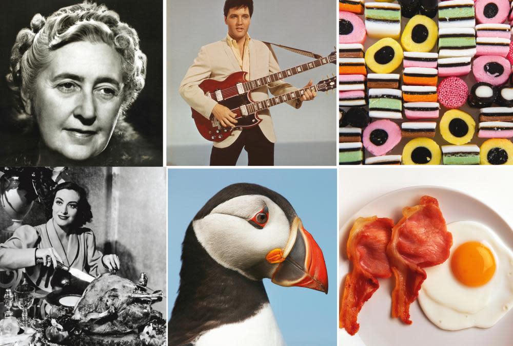 Tongue teasers: (clockwise from top left) Agatha Christie, Elvis Presley, Licorice Allsorts, bacon and eggs, a puffin and Joan Crawford