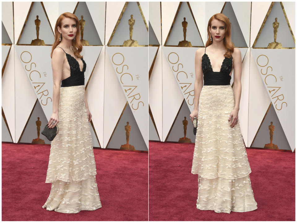 This combination photo shows actress Emma Roberts wearing vintage Armani Prive at the Oscars in Los Angeles. Many A-listers have been wearing more vintage pieces and re-wearing outfits, something unheard of among many celebrities. (Photos by Jordan Strauss/Invision/AP, File)