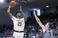 St. Bonaventure forward Osun Osunniyi (21) shoots as Northern Iowa forward Cole Henry (1) guards him during the first half of an NCAA college basketball game, Saturday, Nov. 27, 2021, in Olean, N.Y. (AP Photo/Bryan Bennett)