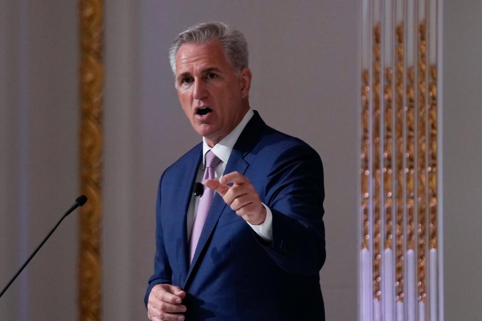 Speaker of the House Kevin McCarthy speaks during an event at the New York Stock Exchange in New York, Monday, April 17, 2023.