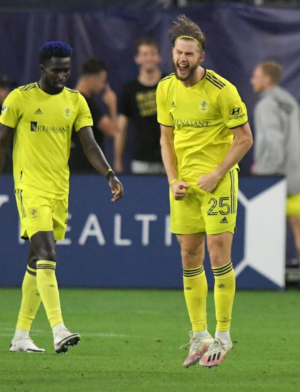 Nashville SC defender Walker Zimmerman (25) celebrates after scoring a goal against New England Revolution at Nissan Stadium in Nashville on Friday, Oct. 23, 2020.