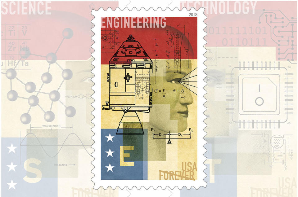One of four stamps in the U.S. Postal Service’s 2018 "STEM Education" set uses an Apollo spacecraft to represent engineering. <cite>USPS</cite>