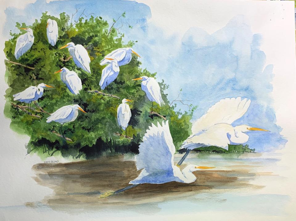 Marty Holland's Brush Strokes submission is "A Crowded House," a watercolor painting of two egrets fleeing an already crowded tree.