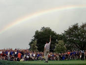 FILE - This photo by Associated Press photographer Elise Amendola shows a rainbow above golfer Davis Love III after he won the PGA Championship at Winged Foot Golf Club in Mamaroneck, N.Y., Sunday, August 17, 1997. Amendola, who recently retired from the AP, died Thursday, May 11, 2023, at her home in North Andover, Mass., after a 13-year battle with ovarian cancer. She was 70. (AP Photo/Elise Amendola, File)