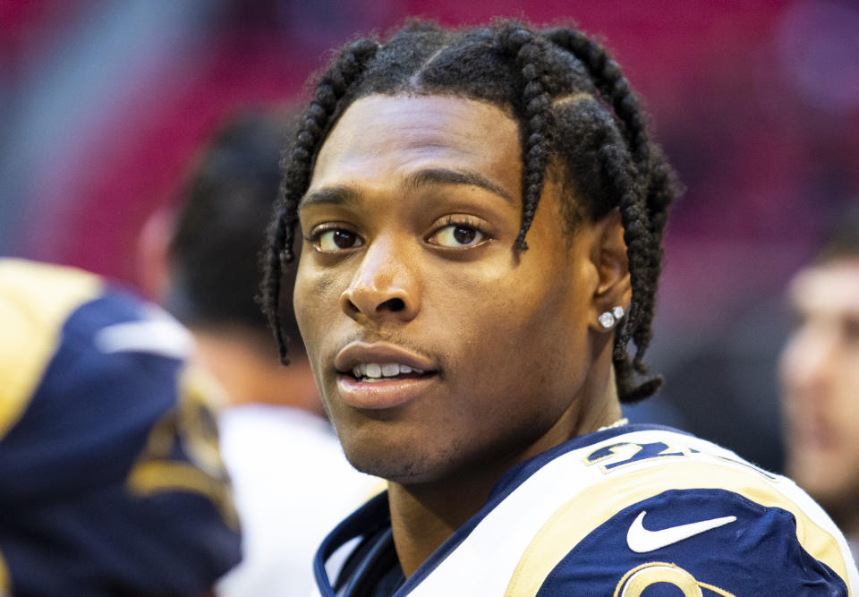 ATLANTA, GA - OCTOBER 20: Jalen Ramsey #20 of the Los Angeles Rams looks on during the second half of a game against the Atlanta Falcons at Mercedes-Benz Stadium on October 20, 2019 in Atlanta, Georgia. (Photo by Carmen Mandato/Getty Images)