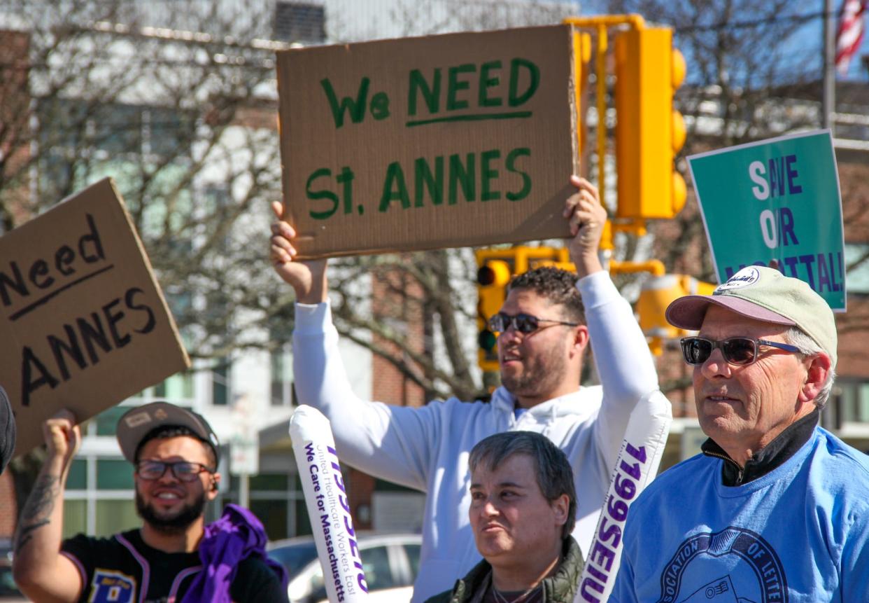 Health care workers and their supporters rally outside Saint Anne's Hospital in Fall River, pushing for secure ownership of Steward Health Care facilities, on Thursday, April 25, 2024.