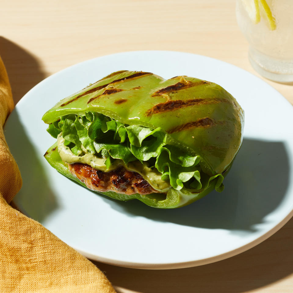 Grilled Bell Pepper-Bun Turkey Burgers with Avocado Goddess Sauce