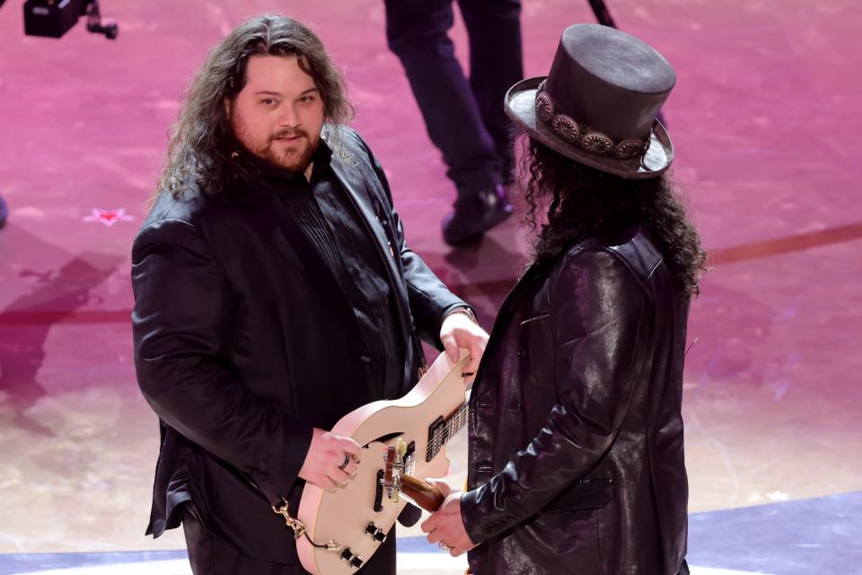 Wolfgang Van Halen (left) and Slash perform "I'm Just Ken" from "Barbie" during the 96th annual Academy Awards at the Dolby Theatre on March 10, 2024, in Hollywood, California.