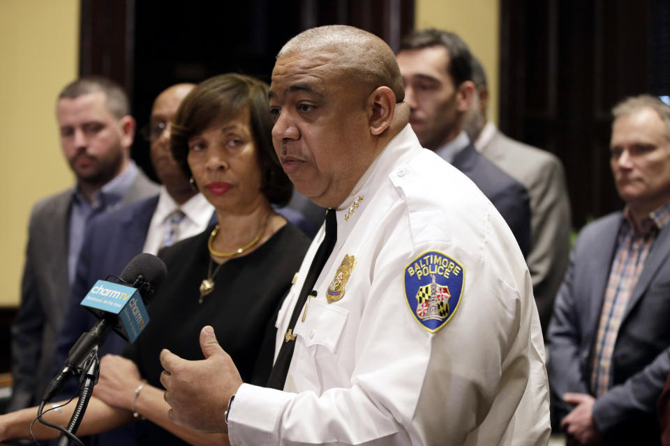 Michael Harrison, acting commissioner of the Baltimore Police Department, speaks at an introductory news conference, Monday, Feb. 11, 2019, in Baltimore. Harrison, the former Superintendent of the New Orleans Police Department, started Monday as acting leader weeks before the city council is expected to vote on his nomination as permanent police commissioner. (AP Photo/Patrick Semansky)