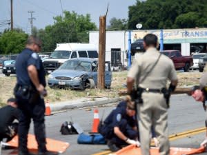 The scene of a deadly freak accident in San Bernardino, California, on Tuesday, which claimed the life of Fabian Zepeda. Authorities say he was beheaded after his motorcycle rode into a wire that had fallen across the roadway after a car hit a telephone pole moments earlier.