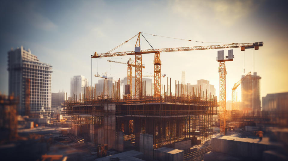 A large construction site with a modern industrial hoist in focus.