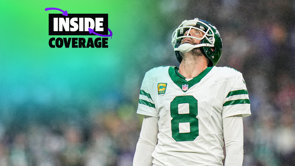 New York Jets quarterback Aaron Rodgers (8) reacts during an NFL football game against the Minnesota Vikings at Tottenham Hotspur Stadium, Sunday, October 6, 2024 in London. (AP Photo/Steve Luciano)