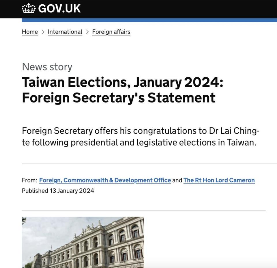 英國外長臉書及Twitter同步發送祝賀台灣大選順利。資料來源／GOV.UK