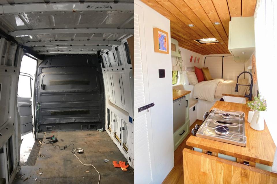 A couple have transformed a derelict van into a moving home on wheels. (Caters)