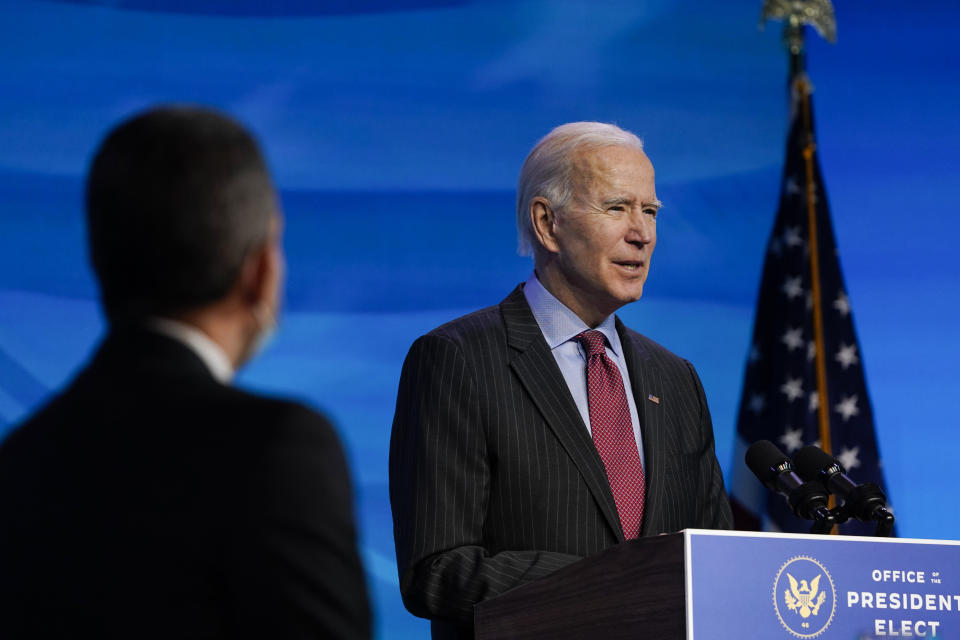 President-elect Joe Biden speaks during an event at The Queen theater in Wilmington, Del., Friday, Jan. 8, 2021, to announce key administration posts. (AP Photo/Susan Walsh)