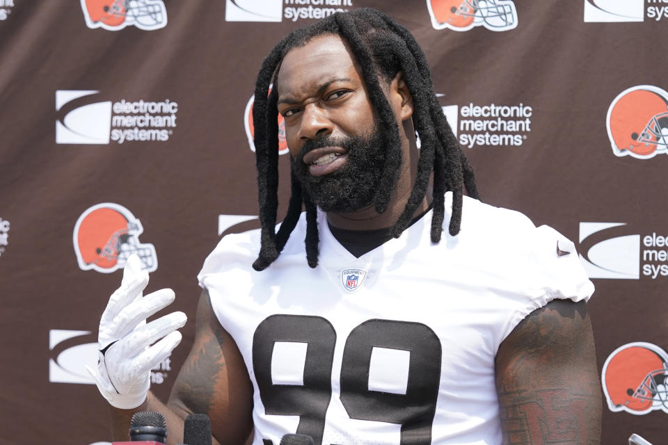 Cleveland Browns defensive end Za'Darius Smith answers a question during a news conference following NFL football practice, Wednesday, May 24, 2023, in Berea, Ohio. (AP Photo/Sue Ogrocki)