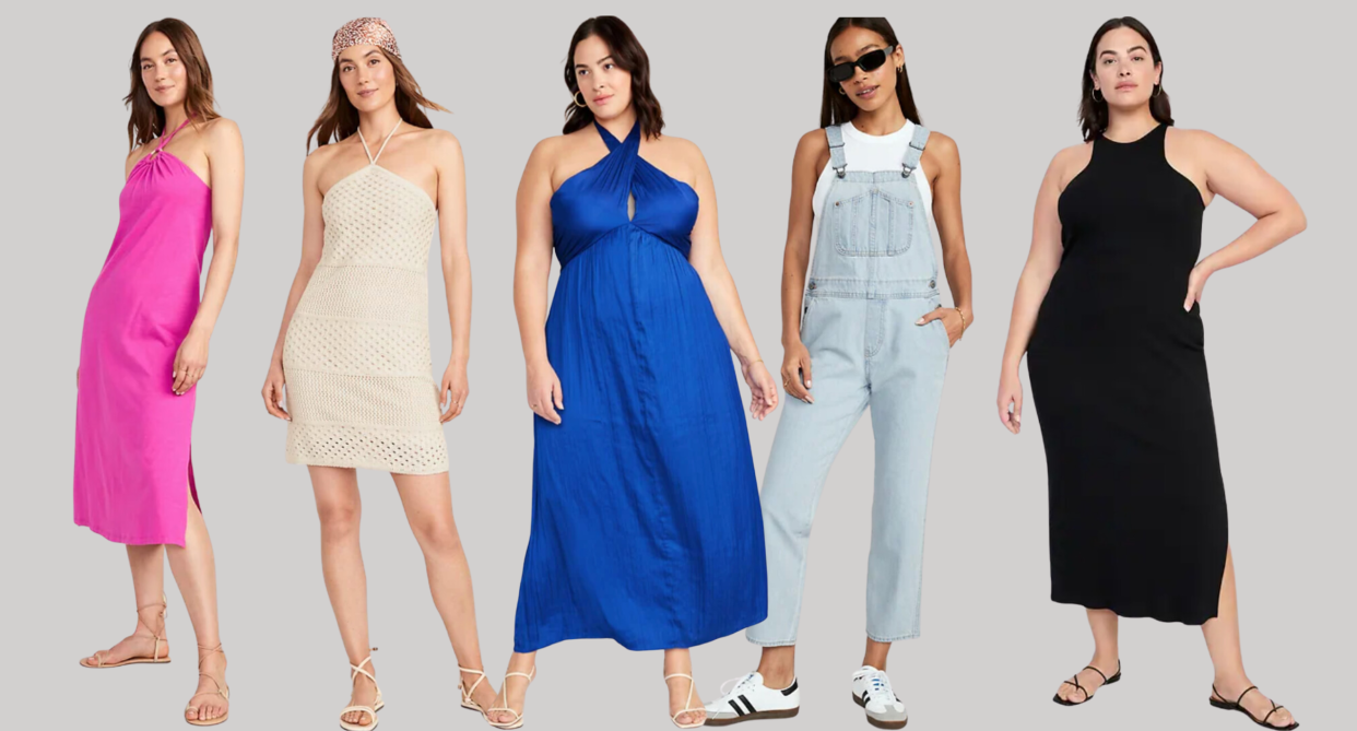 5 old navy models wearing pink dresses, beige dress, blue dress, blue jean overalls, black midi dress