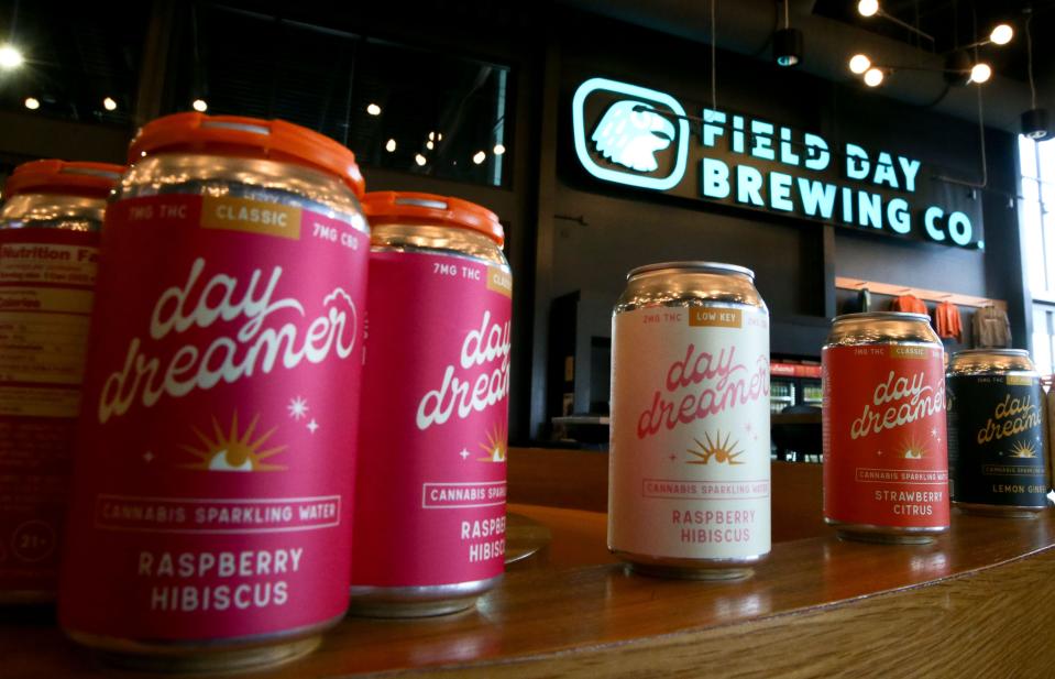 Samples of Field Day Brewing Co.'s new THC beverage, Day Dreamer, are pictured at the brewery Wednesday, Feb. 21, 2024 in North Liberty, Iowa.