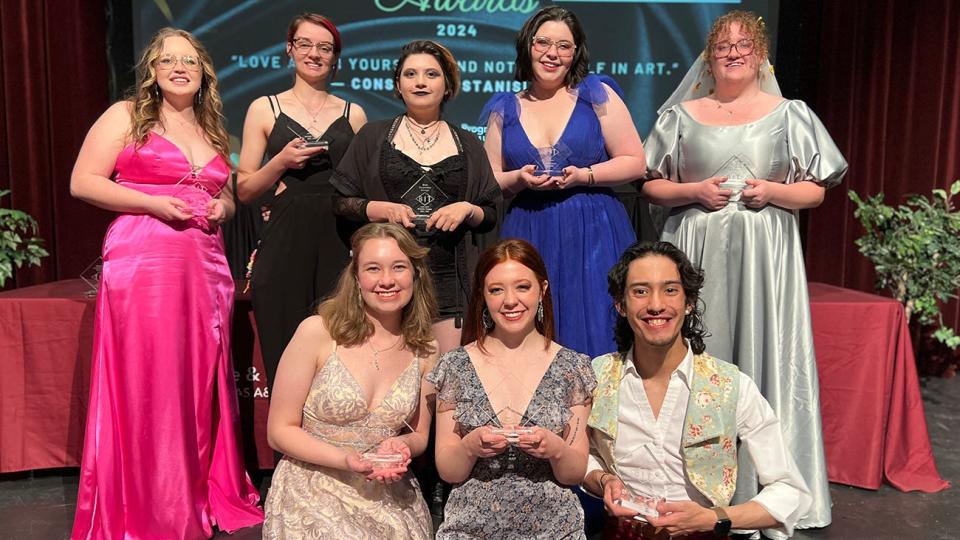 Branding Iron Theatre design award winners include, front from left, Makayla Puryear, Riley Harbour and Noah Seth Santos and, back from left, Kelli Zapalac, Fayth Thompson, Isa Slaughter, Brooklin Herring and Brooklynn Johnson.
