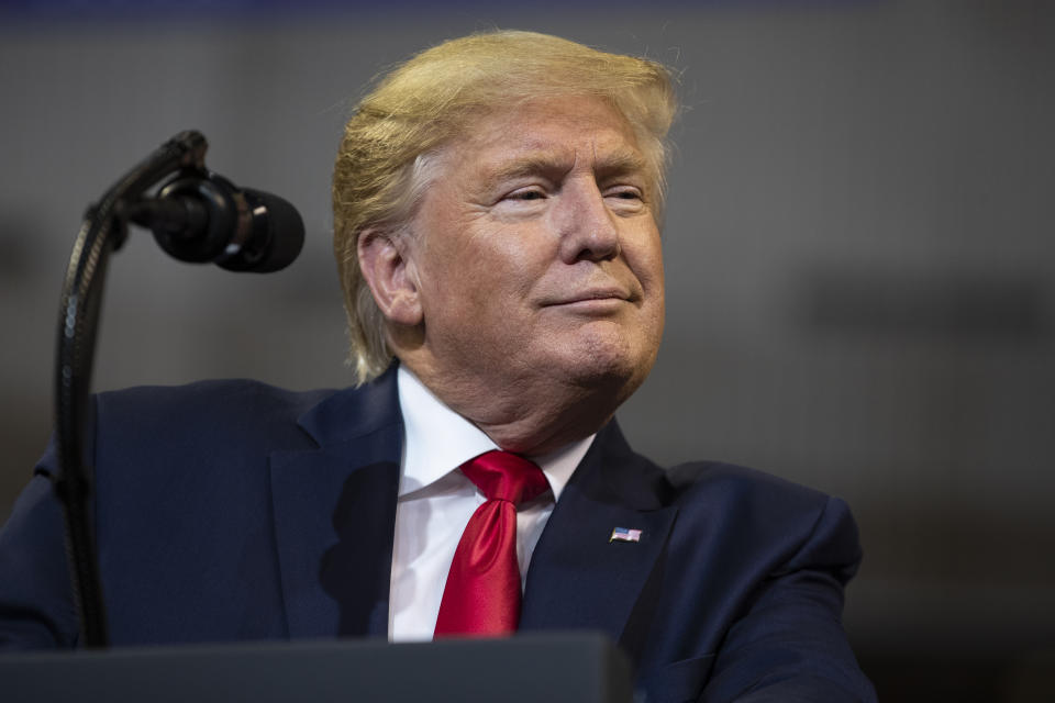 President Donald Trump speaks during a campaign rally at the CenturyLink Center, Thursday, Nov. 14, 2019, in Bossier City, La. (AP Photo/ Evan Vucci)