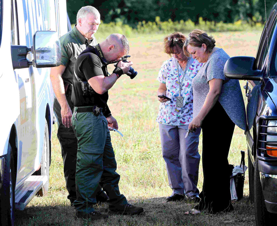 <p>Anderson County sheriff’s deputies gather evidence outside of Townville Elementary School in Townville, S.C., on Sept. 28, 2016. (Nathan Gray/Reuters) </p>