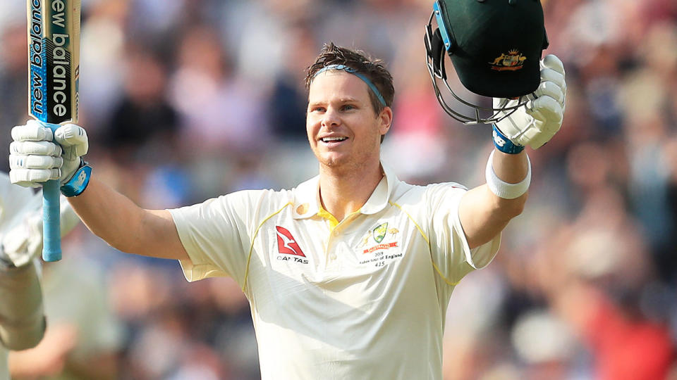 Steve Smith celebrates his century on day one of the Ashes. (Photo by Mike Egerton/PA Images via Getty Images)