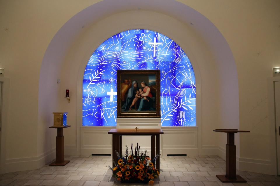 The “Mary, Queen of Families Chapel,” with stained class and a ceiling mosaic by Italian artist Mimmo Paladino, is seen Nov. 15, 2023, in Notre Dame's new Raclin Murphy Museum of Art.