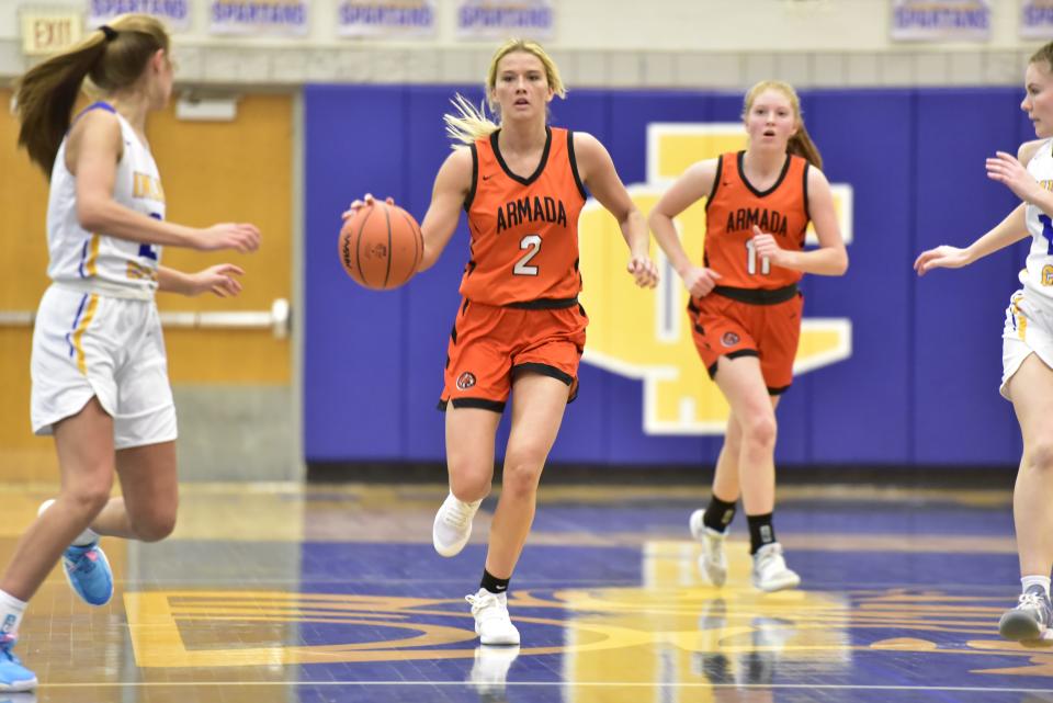Armada's Ellen Sutton brings the ball up the floor during a game earlier this season. The Tigers have won three of their last four games and clinched a winning record.