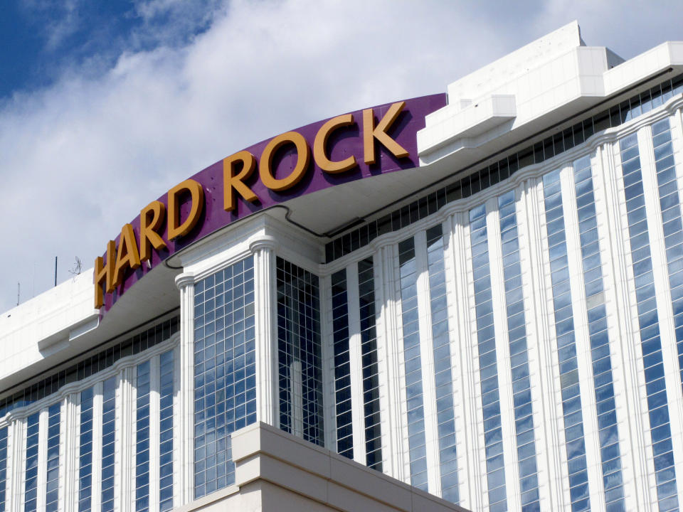 This May 15, 2019 photo shows the exterior of the Hard Rock casino in Atlantic City, N.J. The Ocean and Hard Rock casinos both reopened on June 27, 2018, and are fighting for business in the expanded Atlantic City gambling market. (AP Photo/Wayne Parry)