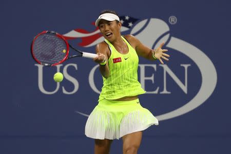 Sep 1, 2016; New York, NY, USA; Shuai Zhang of China hits a forehand against Samantha Stosur of Australia (not pictured) on day four of the 2016 U.S. Open tennis tournament at USTA Billie Jean King National Tennis Center. Geoff Burke-USA TODAY Sports