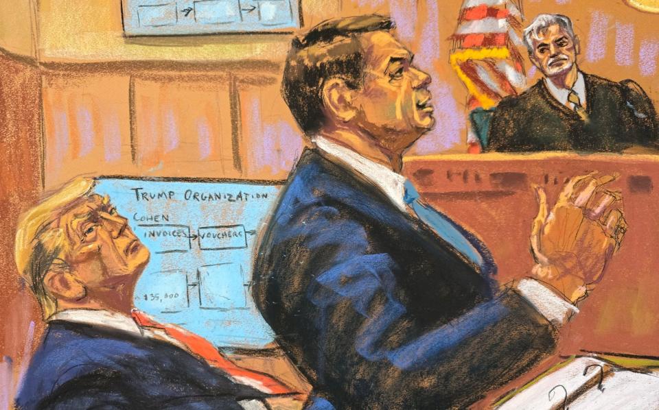 A courtroom sketch of Todd Blanche giving his closing arguments, watched by Donald Trump and Judge Juan Merchan