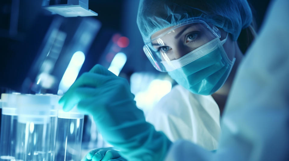 An overhead shot of a medical laboratory with a technician in a face mask working on a diagnostic blood test.