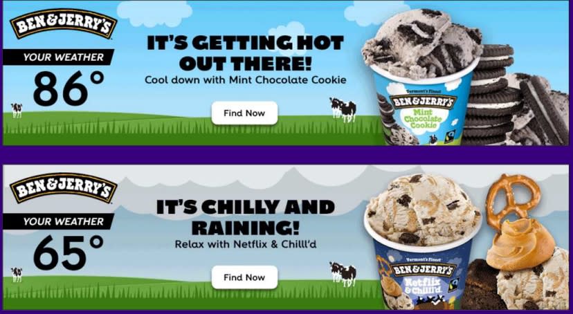 Ben&Jerry’s透過客製化的天氣廣告吸引民眾嘗試不同的冰淇淋口味。(圖：Yahoo/MarTechAsia2022主辦單位授權)
