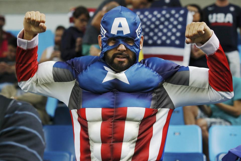 Team USA fan dressed as Captain America poses in Rio de Janeiro, Brazil on August 8, 2016