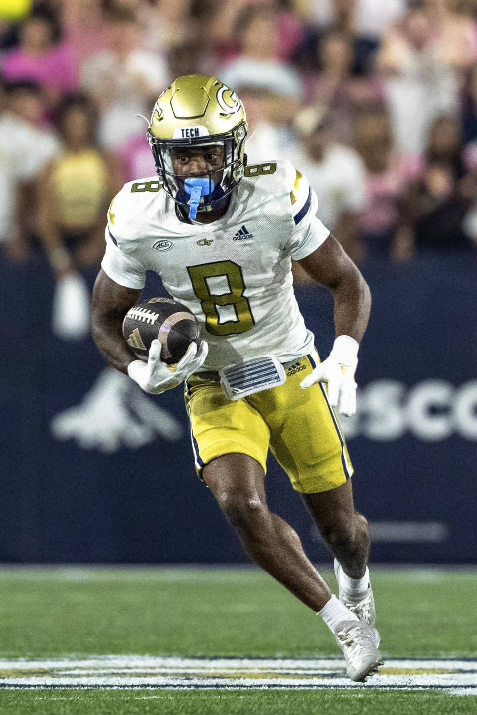 Georgia Tech wide receiver Malik Rutherford (8) runs the ball after a catch in the first quarter of a football game against the Duke, during an NCAA college football game, Saturday, Oct. 5, 2024, in Atlanta. (AP Photo/Jason Allen)