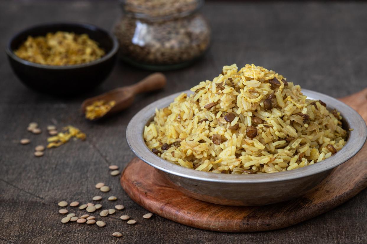 Mujadara - lentils and rice pilaf with fried onion. Middle eastern cuisine recipe