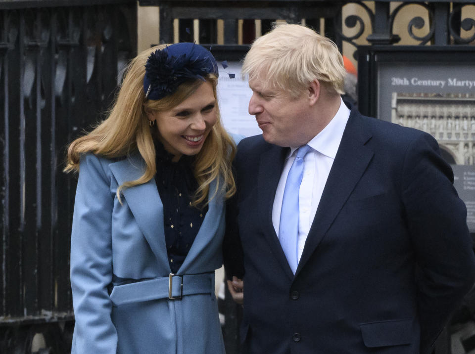 Boris Johnson and Carrie Symonds leaving after the Commonwealth Day Service, Westminster Abbey, London. Picture credit should read: Doug Peters/EMPICS