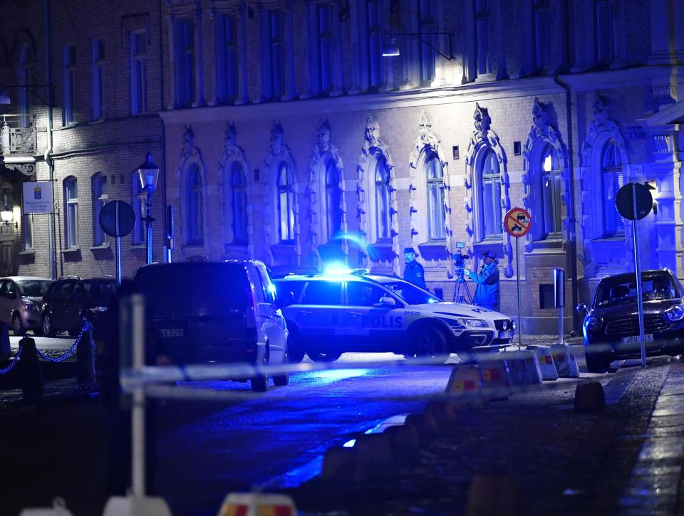 Police outside the synagogue following the failed attack in Gothenburg: Getty Images