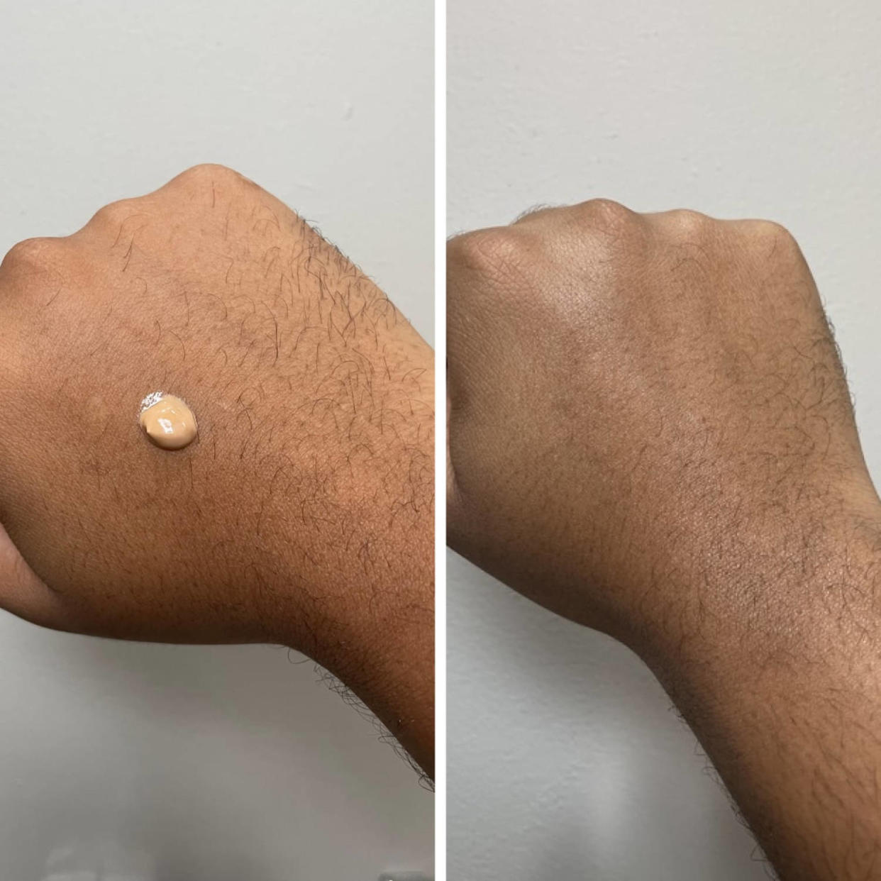 EltaMD’s UV Clear Tinted Face Sunscreen SPF 46 when it’s pumped out of the bottle (left) and blended into skin (right). (Courtesy Cory Fernandez, NBC Select commerce editor)