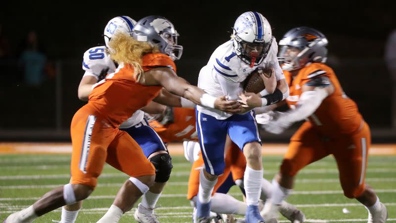 Pleasant Grove plays Skyridge in a 6A quarterfinal football game at Skyridge High School in Lehi on Friday, Nov. 3, 2023. Skyridge won 37-30 in overtime. Attracting quality in-state linemen to Utah State has been a challenge for Aggies coach Blake Anderson.