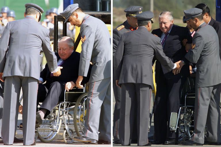 El ex dictador de Chile Augusto Pinochet es ayudado a levantarse de su silla de ruedas por el comandante del ejército chileno, general Ricardo Izurieta y otro oficial del ejército (no identificado) en la pista del aeropuerto militar local momentos después de su llegada desde Londres