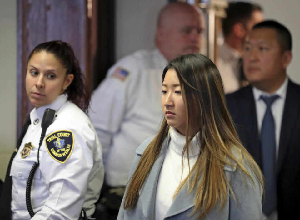 Inyoung You arrives for her arraignment at Suffolk Superior Court, Friday, Nov. 22, 2019, in Boston. The former Boston College student pleaded not guilty Friday to involuntary manslaughter on allegations that she encouraged her boyfriend to take his life. (David L Ryan/The Boston Globe via AP, Pool)