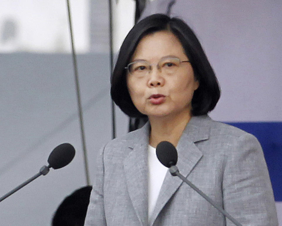 Taiwanese President Tsai Ing-wen delivers a speech during National Day celebrations in front of the Presidential Building in Taipei, Taiwan, Wednesday, Oct. 10, 2018. Tsai called on China Wednesday not to be a “source of conflict” and pledged to boost the island’s defenses against Beijing’s military threats. (AP Photo/Chiang Ying-ying)