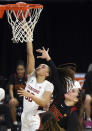 Stanford guard Haley Jones (30) shoots as Southern California forward Alissa Pili (35) defends during an NCAA college basketball game in the second round of the Pac-12 women's tournament Thursday, March 4, 2021, in Las Vegas. (AP Photo/Isaac Brekken)